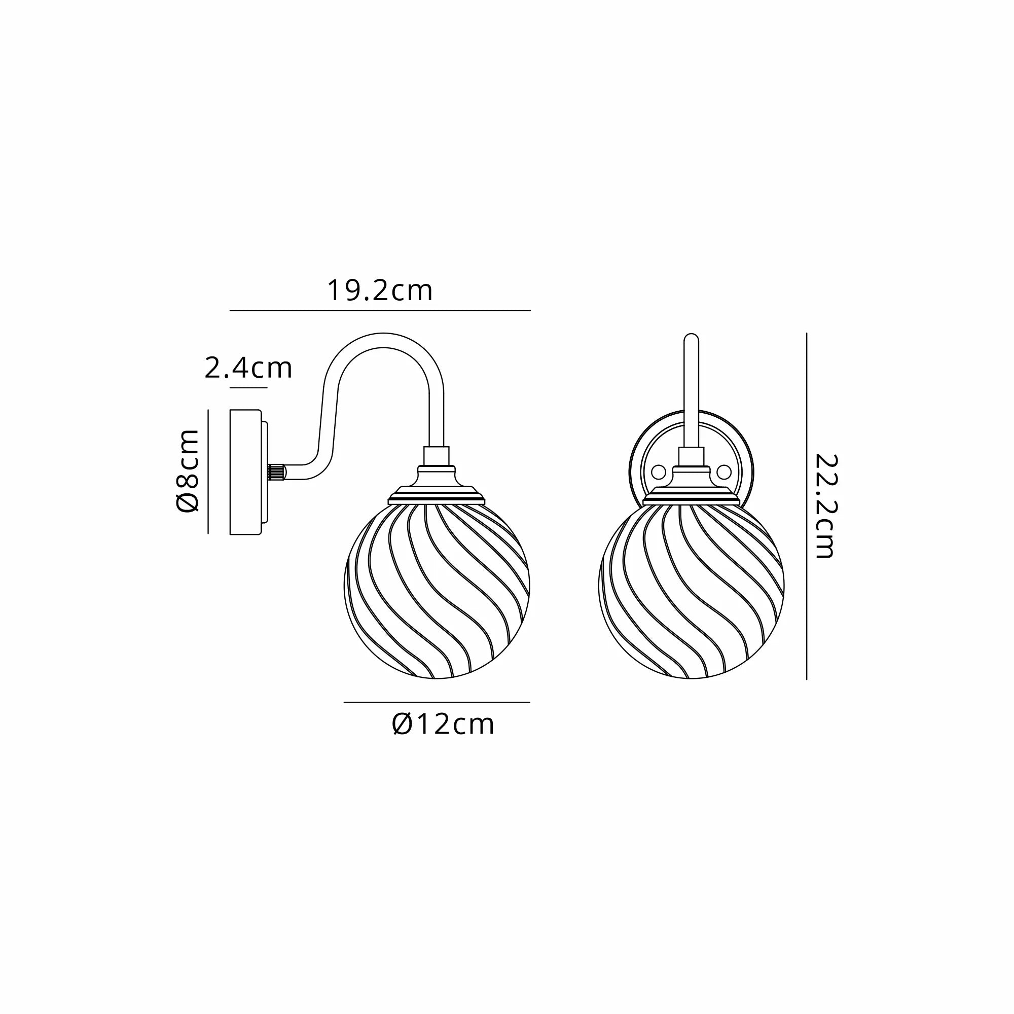 Dene Curved Arm Wall Light - 1 Light - IP44 Polished Nickel & Clear Swirl Round Glass