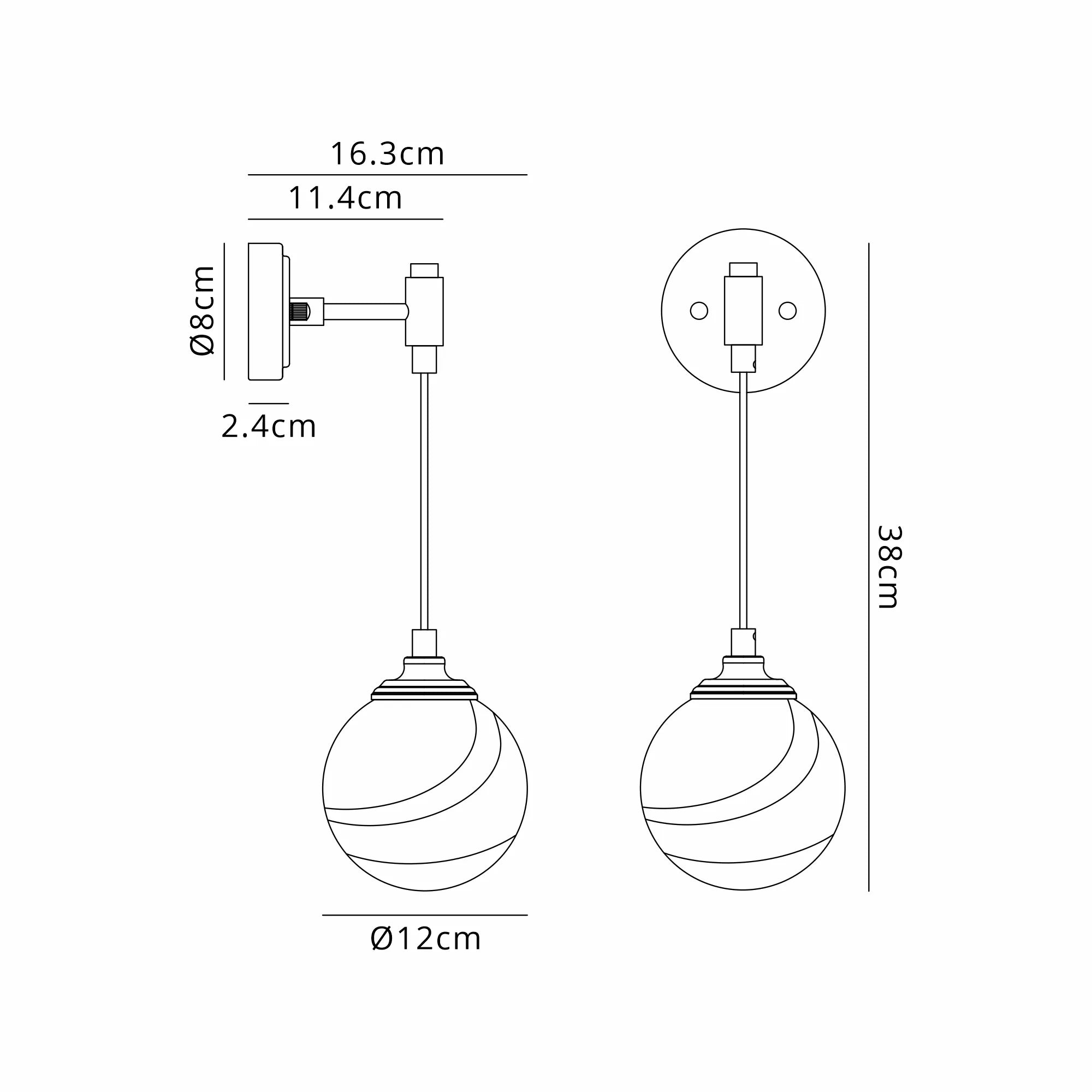 Dene Adjustable Single Wall Light IP44 - Satin Black & Brown & White Round Marble Effect Glass
