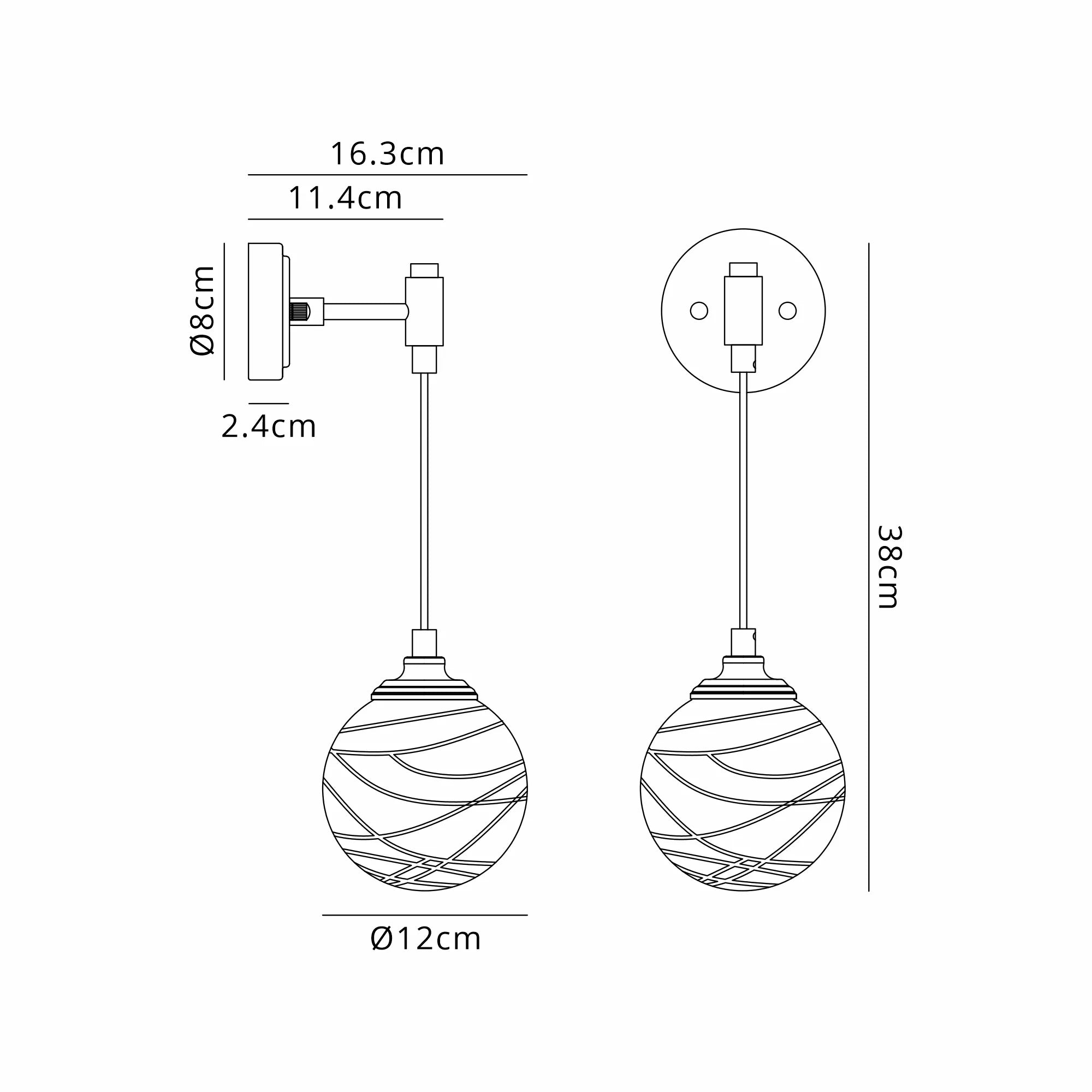 Dene Adjustable Single Wall Light IP44 - Satin Black & Clear Dune Effect Round Glass
