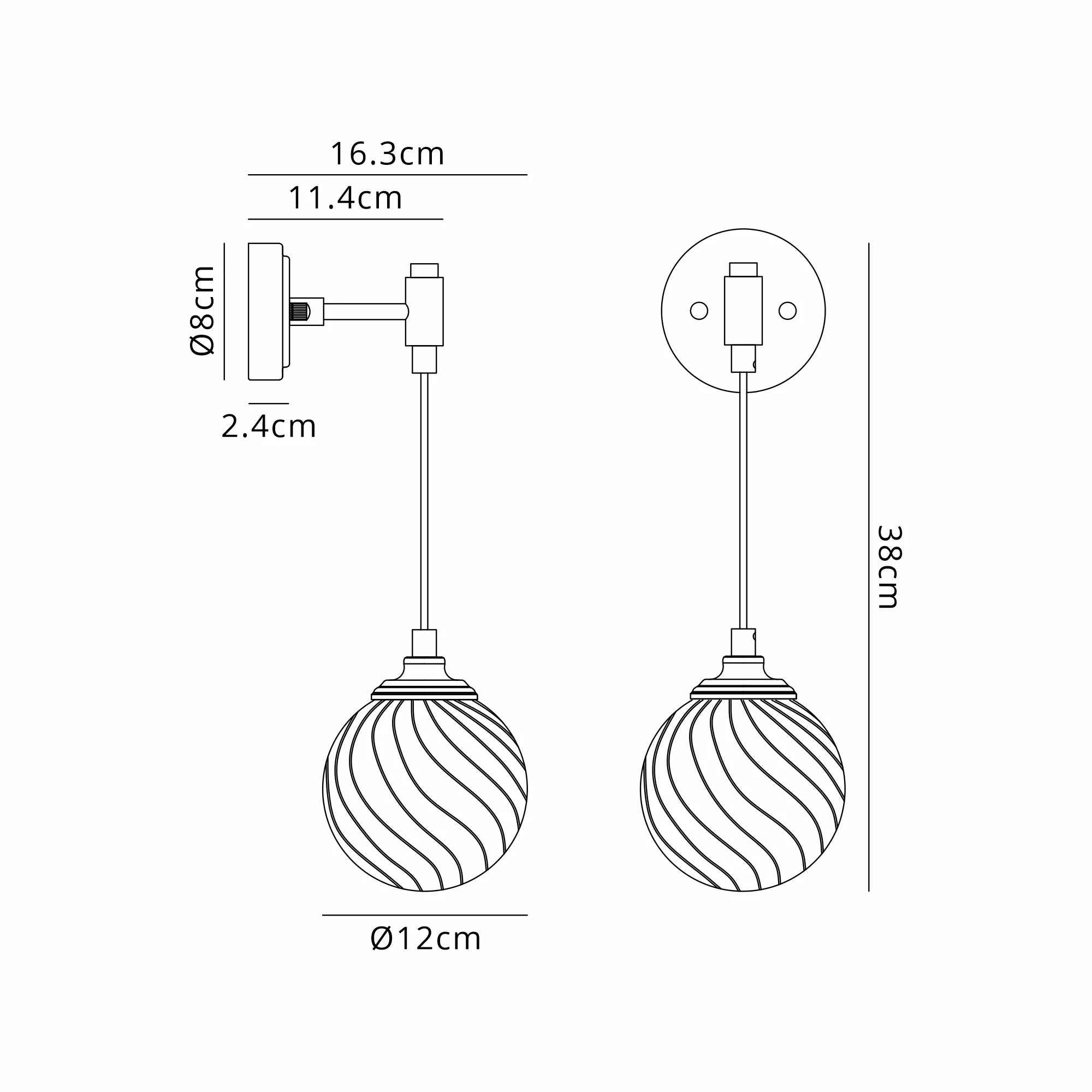 Dene Adjustable Single Wall Light IP44 - Satin Black & Clear Swirl Round Glass