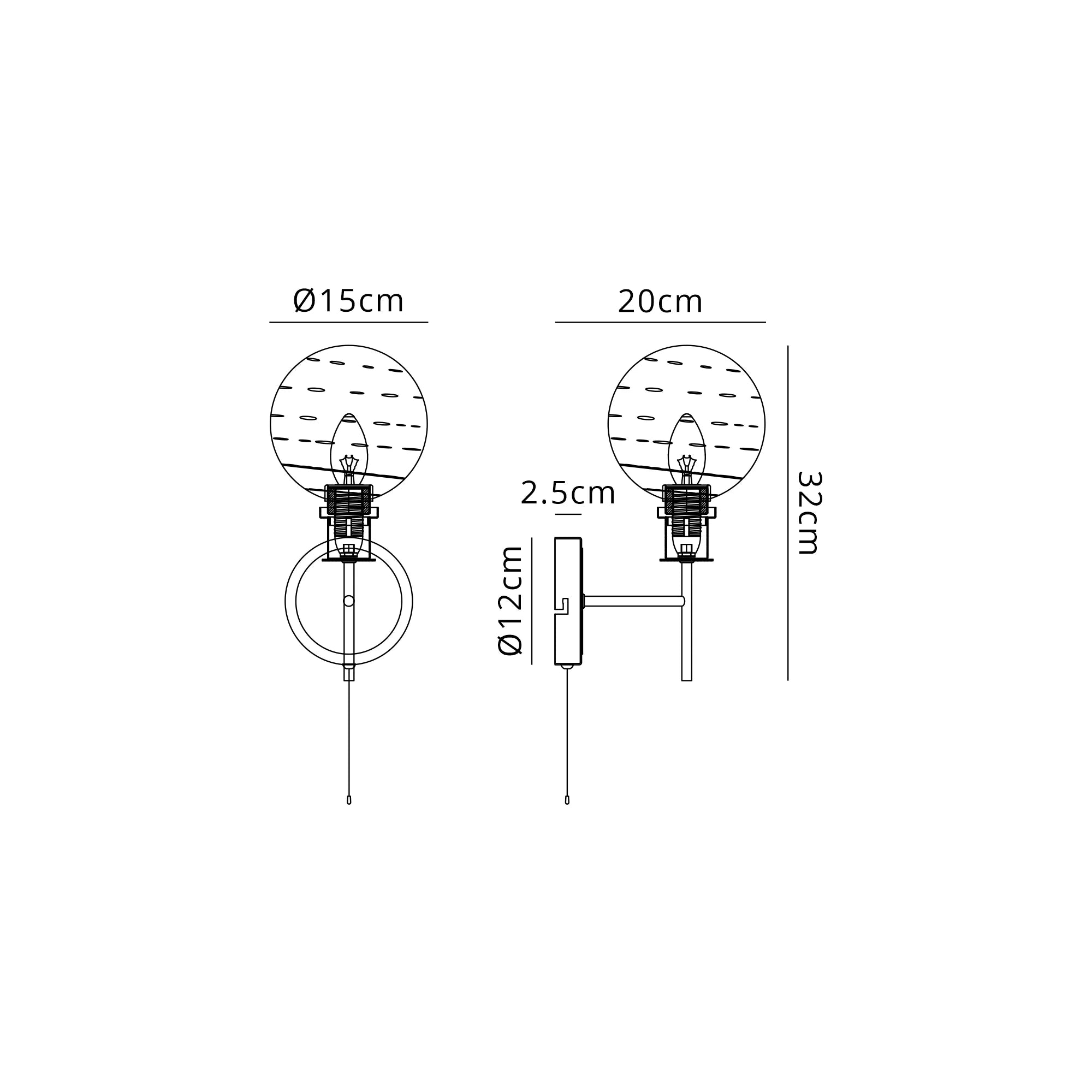 Sycamore Switched Wall Light with 15cm Round Textured Melting Glass Shade - Satin Nickel, Clear & Satin Black