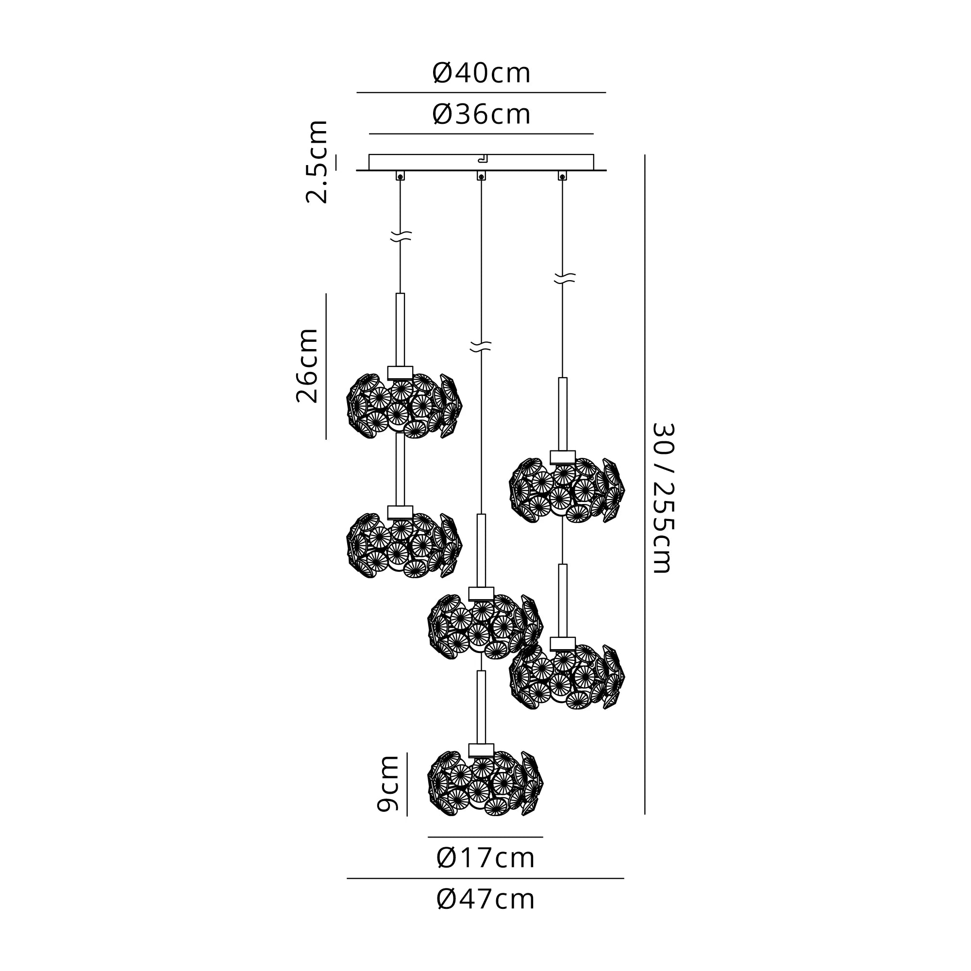 Grosvenor 6 Light Round Multiple Pendant - Satin Black & Crystal Shade
